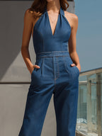 Ärmlös Hel Denimoverall med Amerikansk Halsringning och Vida Ben