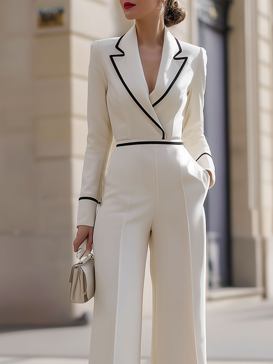Skräddarsydd Elfenbensfärgad Jumpsuit med Vida Ben och Svarta Kontrastdetaljer