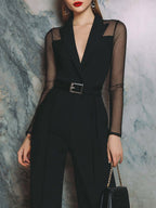 Svart Skräddarsydd Vidbenad Jumpsuit med Bälte och Nätärmar