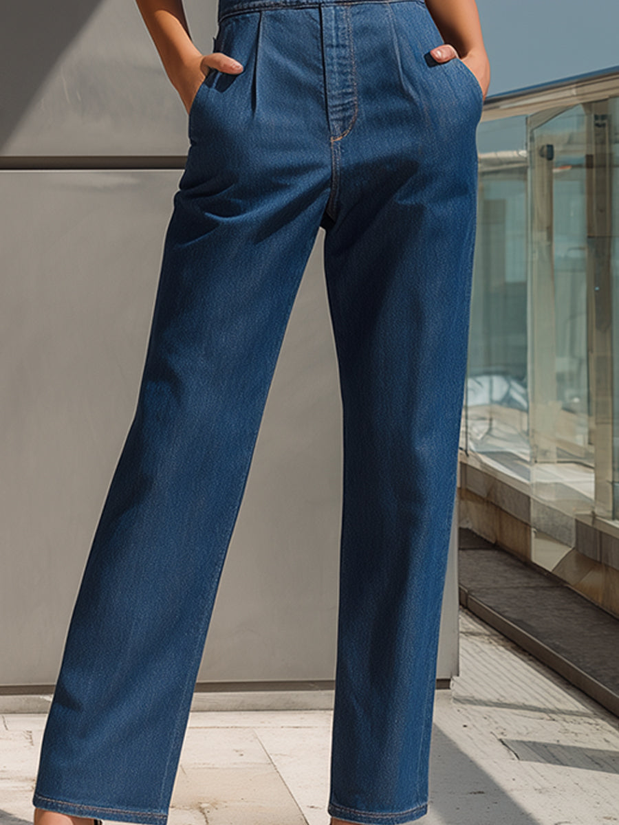 Ärmlös Hel Denimoverall med Amerikansk Halsringning och Vida Ben